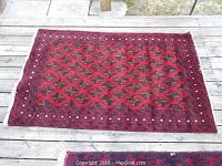 Full view of rectangular rug laid flat on wooden surface, showing overall design and fringe.