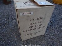 Box of 4.5 litre electric wood tub ice cream freezer by Simpson-Sears Ltd, showing product name and label.