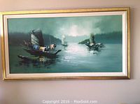 Frontal view of oil painting showing Asian junk boats sailing on calm water with green misty background.