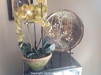 Photo showing ceramic plate with floral design displayed upright next to orchid arrangement in pot.
