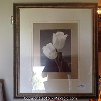 Framed white tulip print showing two white tulips on dark background with beige mat and brown decorative frame.