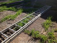 Collapsed ladder laid on concrete surface with grass patches