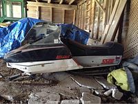 Left side profile of the snowmobile showing black hood, white chassis with 5500 decal and bench seat.