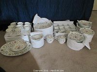 Wide overview of entire China set with storage bags