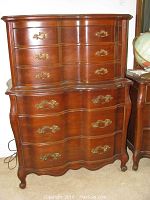 Full view of the wooden HighBoy dresser showing both upper and lower sections, drawer arrangement and overall structure.