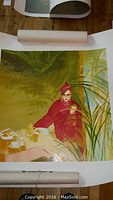 Full view of serigraph print unframed, showing image of woman in red and table setting