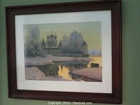 Framed watercolour of a winter church scene with reflections on water, signed and dated Lupokhh 2004.