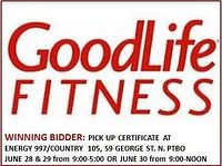 GoodLife Fitness logo in red and printed membership certificate text with pick up instructions