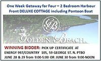 Front of printed certificate showing Golden Beach Resort logo, resort name and details of the one-week stay and pontoon boat rental
