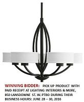 Front view of forged black chandelier showing five white fabric drum shades