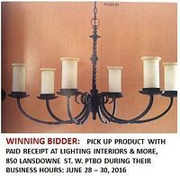 Photo of the 6 light oval chandelier model 4588-80 showing forged black metal frame and frosted glass shades.