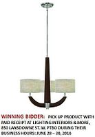 Single image showing the entire chandelier hanging from the ceiling mount. Three beige linen shades are attached on a frame combining chrome and wood finishes.