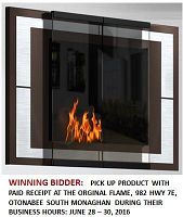 Wall-mounted brown bioethanol fireplace assembled with glass panels, inner stainless steel burner showing flame