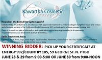 Printed voucher showing Kawartha Cosmetic Clinic branding, Exilis Elite treatment details and pick-up instructions