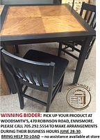 Square oak pub table with geometric parquet inlay on tabletop and two matching bar stools