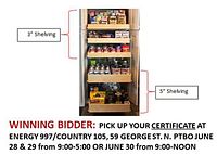 Five gliding pull-out shelves installed inside a cabinet, annotated showing three 3" shelves and two 5" shelves, plus pick-up instructions text