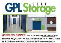 Promotional graphic showing GPL Self Storage logo, interior hallway, exterior storefront and pickup instructions
