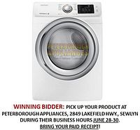 Front view showing white Samsung dryer with digital control panel and round chrome-trimmed door.