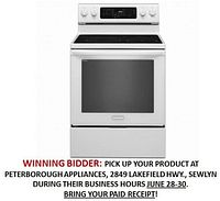 Front view of white KitchenAid electric range showing ceramic glass cooktop, control panel, oven door and storage drawer.