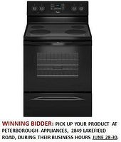 Front view of black Whirlpool electric range with four-element ceramic glass cooktop, control panel and oven window