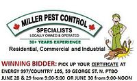 Printed Miller Pest Control certificate showing logo, service details and pickup instructions