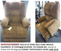 Front view of brown upholstered lift chair showing high back, padded arms and seat, wired remote control lying on seat