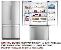 Left half shows closed stainless steel exterior and bottom freezer drawer; right half shows open interior with shelves, door bins and crisper drawers
