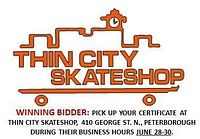 Certificate with Thin City Skateshop logo and pickup instructions.