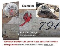 Collage of example custom engraved rocks showing text and red bird logo, sample welcome sign and house number engravings