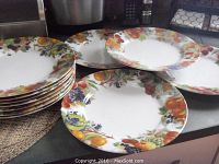 Wide view of several stacked 10-inch porcelain plates with colorful berry and fruit motif on rim