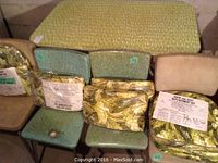 Table and chairs overall view showing vintage lime green Formica table and four chairs with replacement cushions