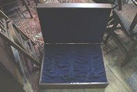 Top view of open silver metal storage chest showing blue velvet interior with heavy gathering and ruched fabric.