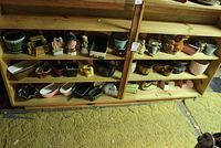 Wood shelf containing assorted vintage and collectible plant containers and decorative pottery from various brands and countries.