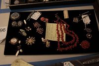 Overview of all jewelry pieces displayed on black velvet, including coral bead necklaces, cameo brooches, and various earrings.