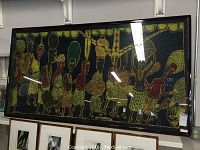 Large framed artwork by Wahab Odebode depicting stylized figures in yellow and red on a black background.