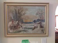 Framed watercolour painting showing full winter rural landscape scene with river, water wheel, houses, and trees