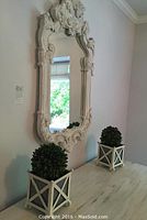 Ornate white vintage-style mirror hung on the wall above a surface with two artificial plants in white metal planters.