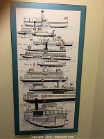 Full view of framed and laminated print showing multiple ferry boat illustrations.