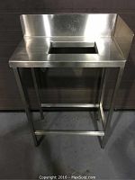 Front view of stainless steel table showing backsplash, legs and center cutout