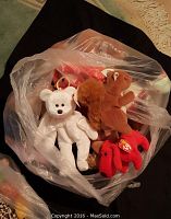 Plastic bag containing assorted Beanie Babies including a white bear, a brown squirrel, and a red dog with Ty tag visible.