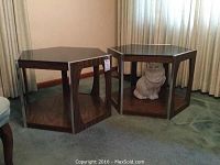 Two matching retro-style hexagon end tables with large white decorative cat figurine placed inside one table, showing overall view including wood veneer bases and dark glass tops.