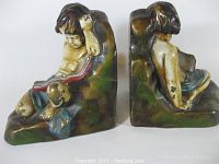 Pair of bronze-clad boy reading bookends showing front and back views.