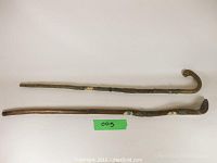 Full side view of two wooden walking sticks showing length and metal medallions