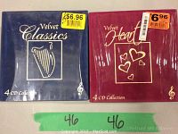 Box sets Velvet Classics and Velvet Heart shown front view with price stickers and label showing 4 CD collections each.