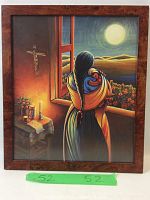 Full view of framed print showing woman with baby by window under moonlight, rustic wooden frame and matte glass.