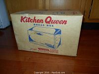 Original boxed vintage Kitchen Queen bread box showing packaging design and branding on cardboard box.