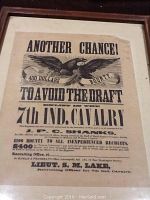 Framed recruiting poster for 7th Indiana Cavalry with visible text and eagle graphic, showing overall condition and layout.
