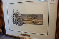 Framed original watercolour painting signed by Peter Robson showing winter landscape with snow-covered trees and rocks beside a body of water.
