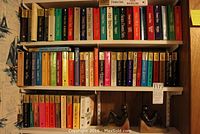 Shelf with multiple rows of Danielle Steel novels mostly paperbacks with a few hardcovers and two brown female figure bookends on bottom shelf.