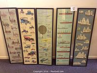 Five rectangular framed prints depicting vintage cars, airplanes with a hot air balloon and helicopter, ocean liners, and sailing ships; all 39.5 inches tall.